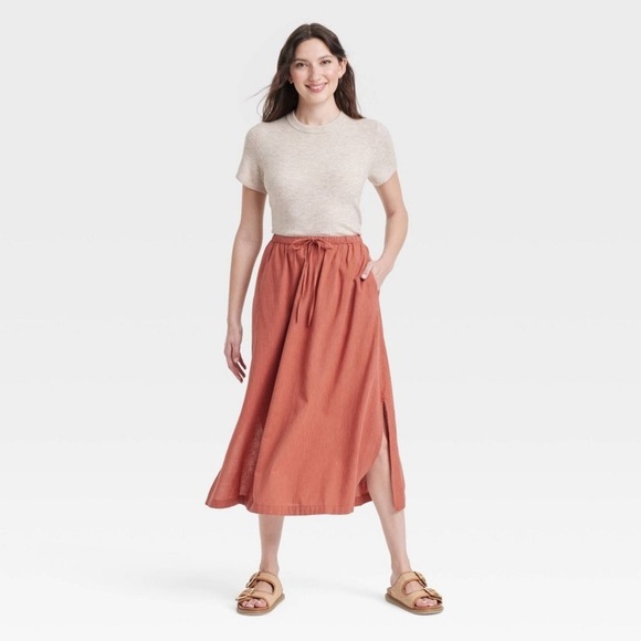 Women's Tie-Front Midi A-Line Skirt - Universal Thread™ Brown new - Picture 1 of 7